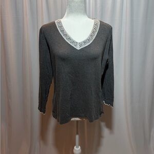 Midnight by Carole Hochman Charcoal Lace Trim Long Sleeve Top